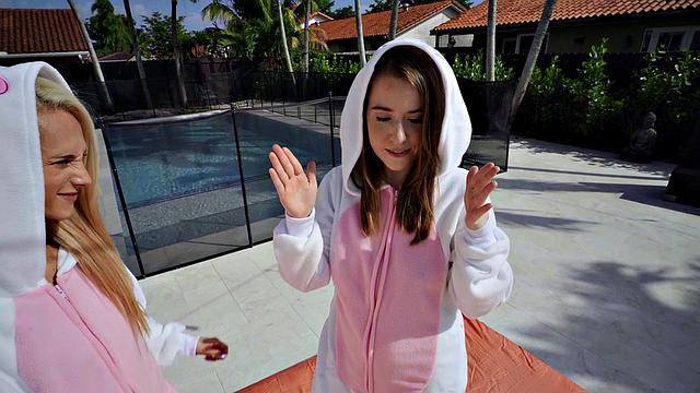 Two blondes & a brunette take turns on a big cock in reverse cowgirl pose