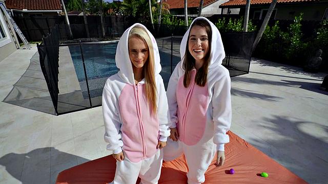 Two blondes & a brunette take turns on a big cock in reverse cowgirl pose