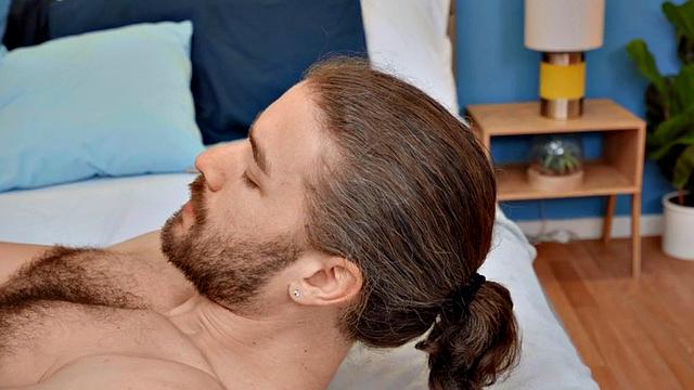 Hung hippie stud pleasuring himself as he rubs his big shaft