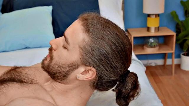 Hung hippie stud pleasuring himself as he rubs his big shaft