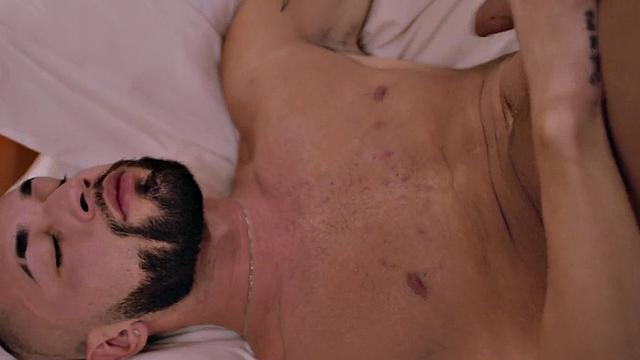 Jock BBC IR barebacking blindfolded stud on bed