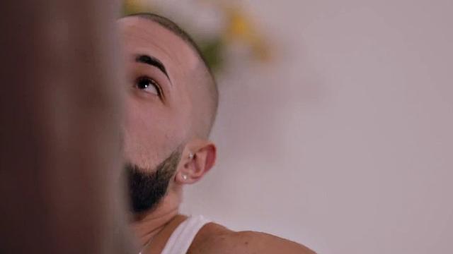 Jock BBC IR barebacking blindfolded stud on bed