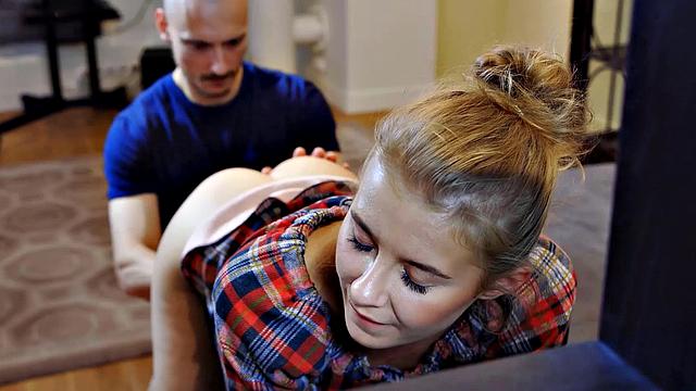 STUCK4K. Eye-catching wench's well-groomed pussy fucked on the couch