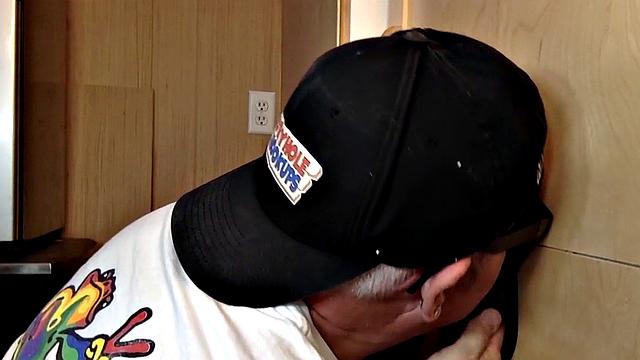 Gray mature amateur giving head to gloryhole cock