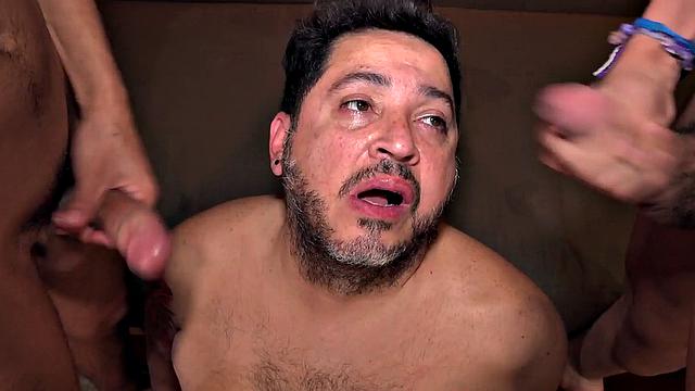 Real chubby greedy DILF gets fucked in twink 3some by Latinos