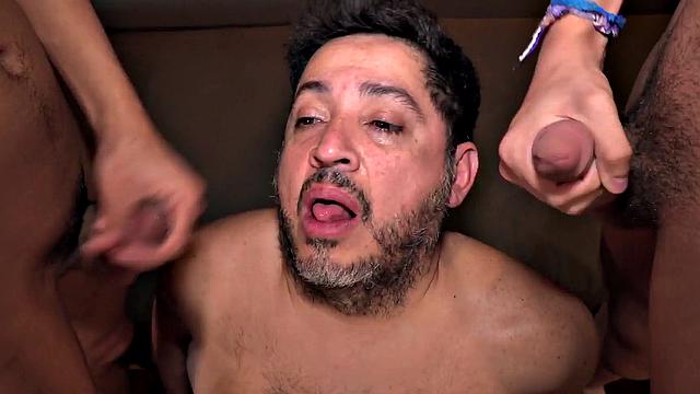 Real chubby greedy DILF gets fucked in twink 3some by Latinos