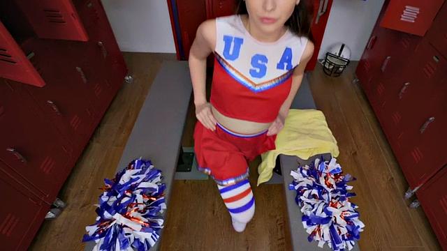 Cheerleader ATM gets her trimmed pussy drilled in the locker room