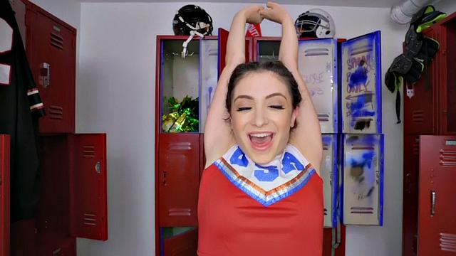 Cheerleader ATM gets her trimmed pussy drilled in the locker room