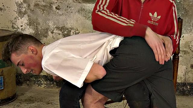Johnny Polak bends over for Alexis Tivoli's playful spanking-guess someone couldn't sit still at work