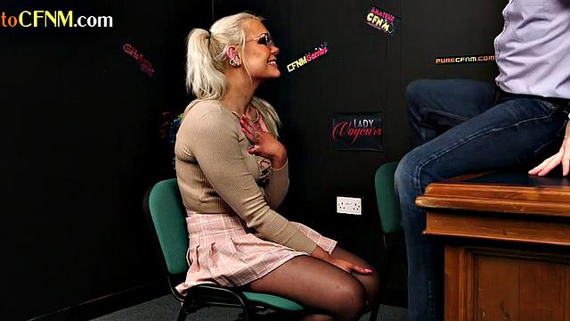 CFNM office femdom British babe in stockings sucks cock