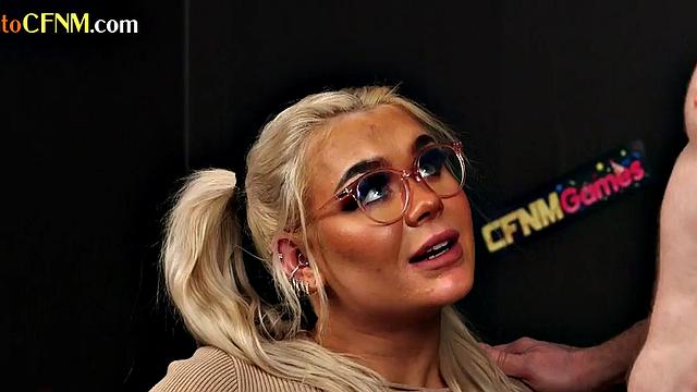 CFNM office femdom British babe in stockings sucks cock