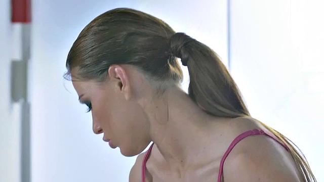 Naughty office babe gets her bald pussy drilled by her colleague while she rubs her pussy with her skirt pulled up