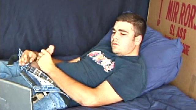 Young amateur Tony Hammer jerks off, breathes heavily, and sprays cum on his chest.