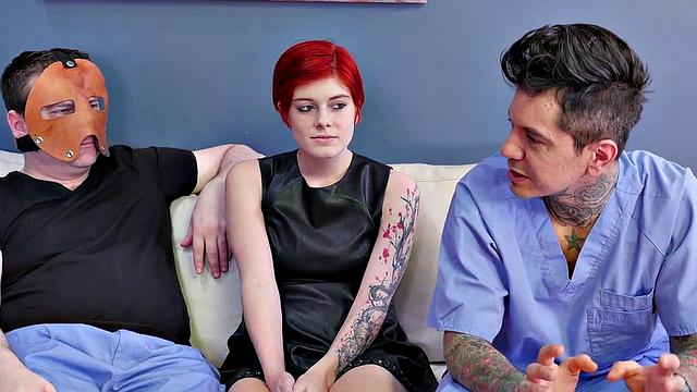 Redhead submissive snorts cum before taking a facial in kinky mask and bondage