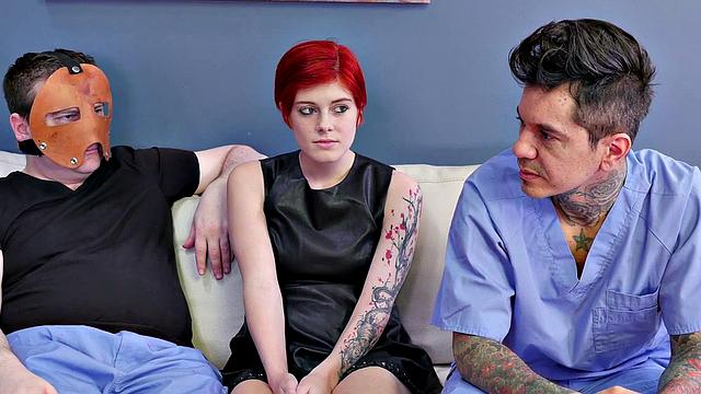 Redhead submissive snorts cum before taking a facial in kinky mask and bondage