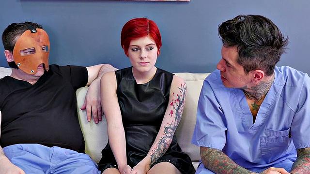 Redhead submissive snorts cum before taking a facial in kinky mask and bondage