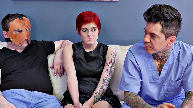 Redhead submissive snorts cum before taking a facial in kinky mask and bondage