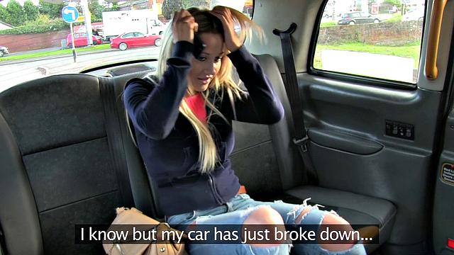 Blonde bombshell with car trouble rides cock in reverse cowgirl & pussy fingering taxi