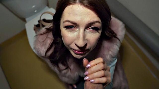 Public bitch fucked in POV in toilet after blowing dick