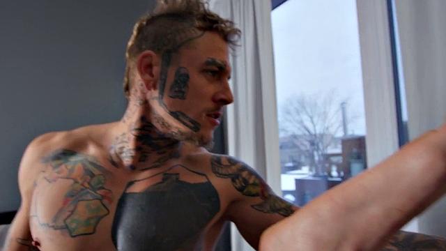 Gay bareback sex by tattooed hunk while BF watches