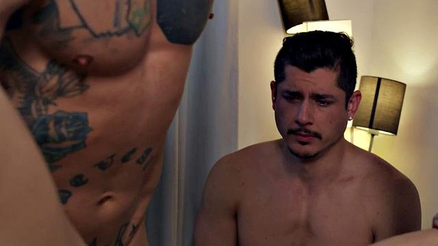 Gay bareback sex by tattooed hunk while BF watches