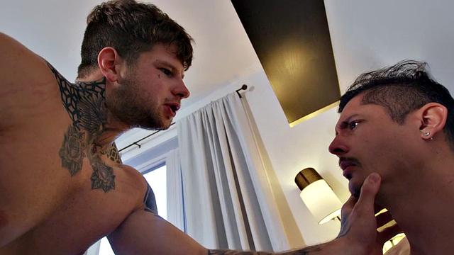 Gay bareback sex by tattooed hunk while BF watches
