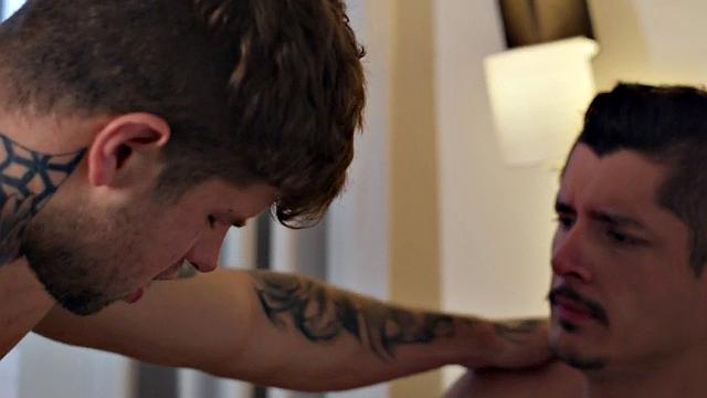 Gay bareback sex by tattooed hunk while BF watches