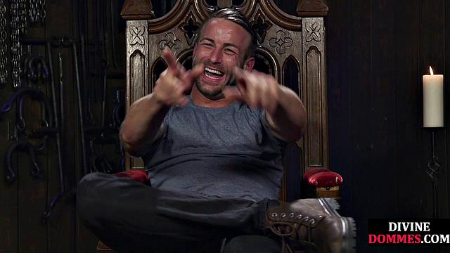 3way CFNM whipping and pegging for sub by busty dominas