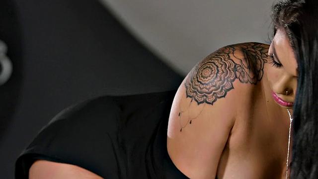 Brazilian brunette in high heels and thong gets her trimmed pussy fingered and masturbated in a hot lingerie show