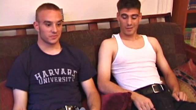 Ethan strokes side by side with Aaron, hands working cocks slow and steady until they both explode