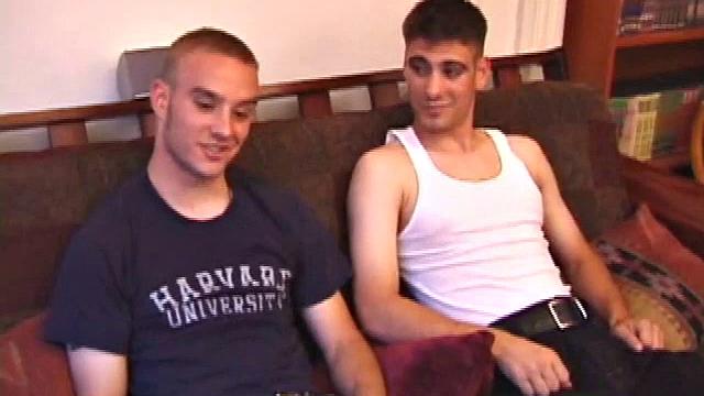 Ethan strokes side by side with Aaron, hands working cocks slow and steady until they both explode