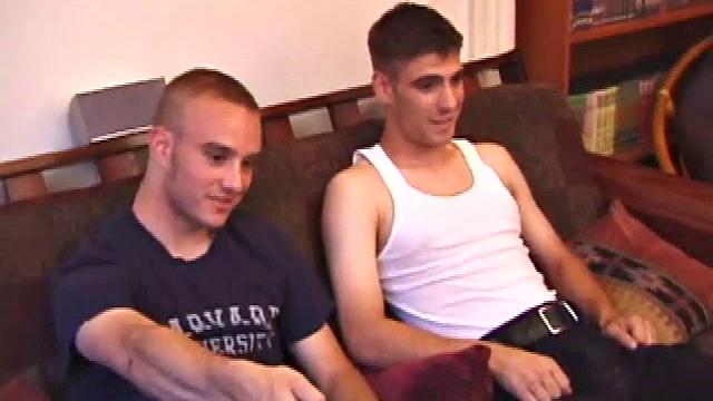 Ethan strokes side by side with Aaron, hands working cocks slow and steady until they both explode