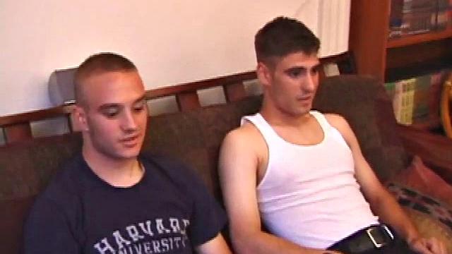 Ethan strokes side by side with Aaron, hands working cocks slow and steady until they both explode