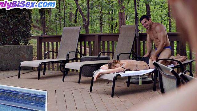 Massaged babe sucks cock and gets 3some nailed outdoor