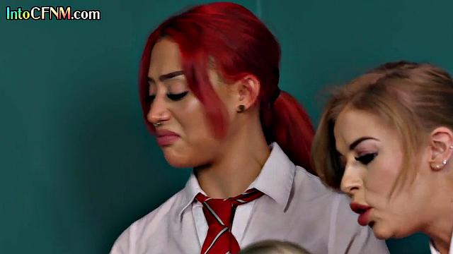 Classy office babes wanking a guy