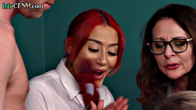 Classy office babes wanking a guy