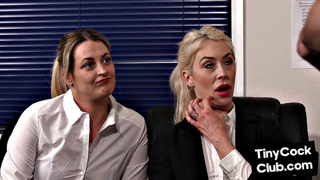 Boss domina mocking and teasing coworker's tiny cock