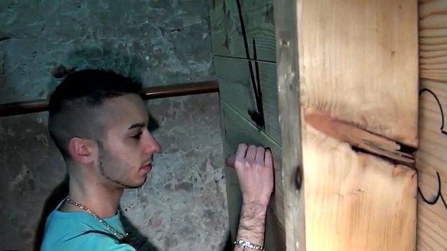 Gloryhole gay with sneakers fucked in ass by top