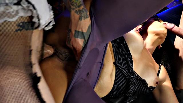 Brunette babe in pantyhose rides bisexual dick in group before getting cocksucked