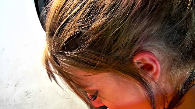 Harley's bald pussy gets pounded in a car, and she takes a facial in POV