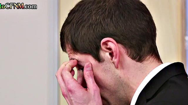 Classy CFNM femdoms throating nerd in office until cumshot