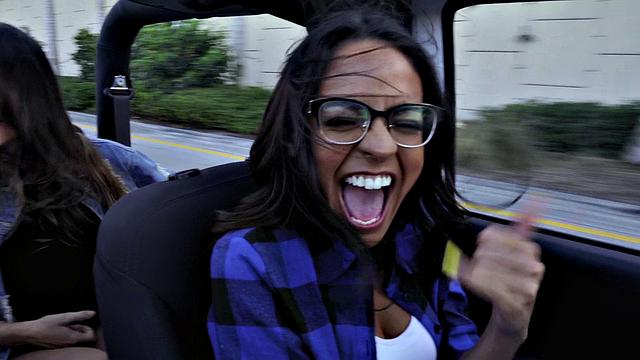 Wild car trip with hot bald Latina, tattooed brunette & high heels lesbians in thongs