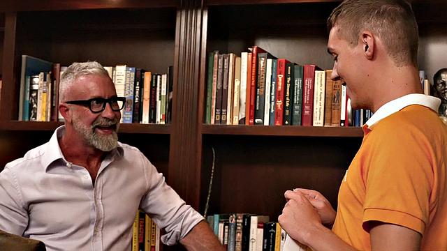 Rimjob mature stepdad barebacks asshole in office