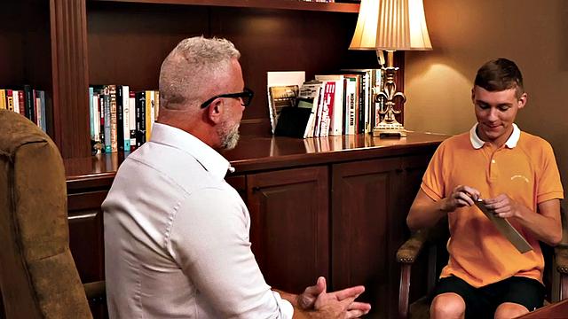 Rimjob mature stepdad barebacks asshole in office