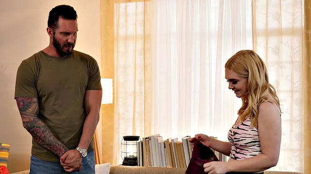 Layla Belle shows her big tits to friend's man before taking his cock in her pussy