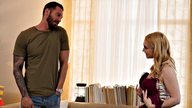 Layla Belle shows her big tits to friend's man before taking his cock in her pussy