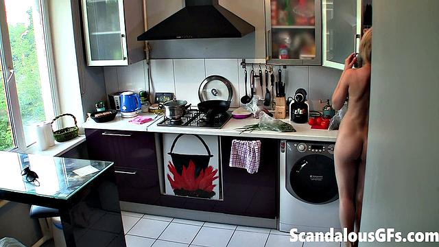 Blonde teen cooks in the kitchen & shows off her small tits in a sexy ponytail