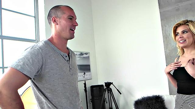 Blonde Latina with a big ass and high heels takes it all in the living room