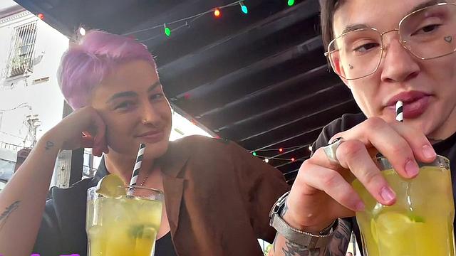 Inked queer in underwear licks and fingers GFs at home