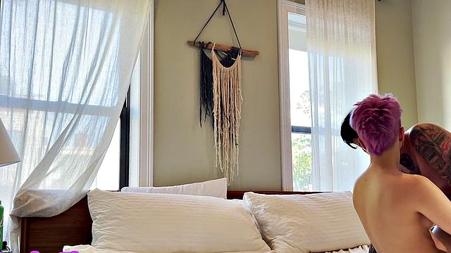 Inked queer in underwear licks and fingers GFs at home